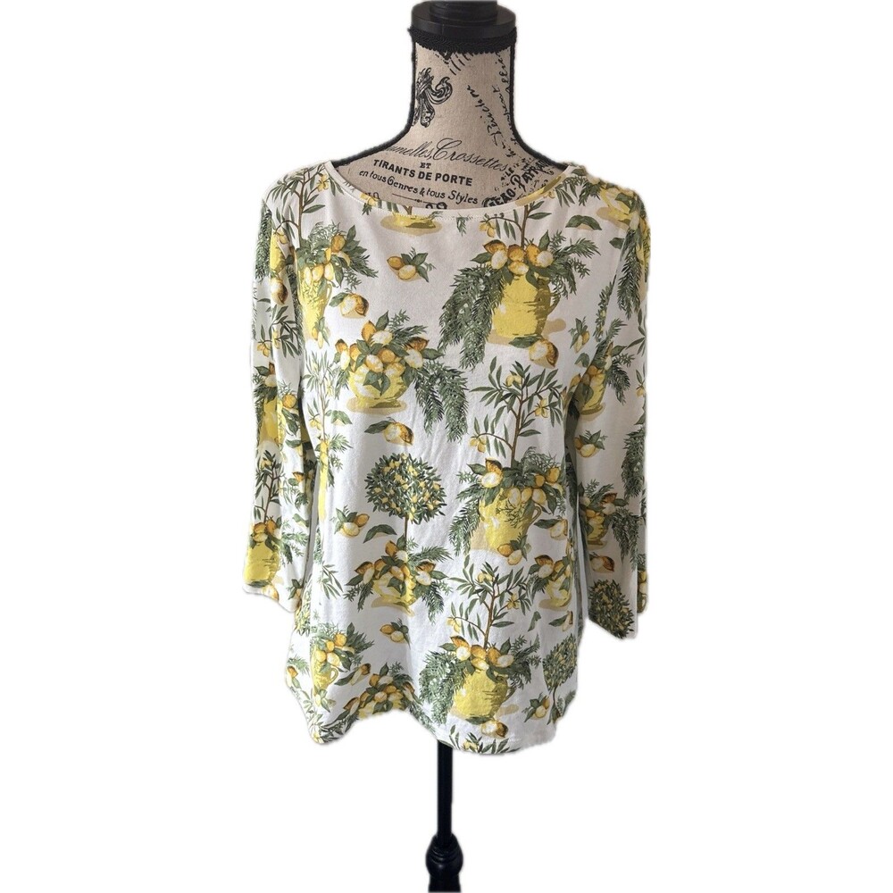 Talbots Lemon Tree T-shirt Yellow PXL 3/4 Sleeve Bright Coastal Granny Cottage